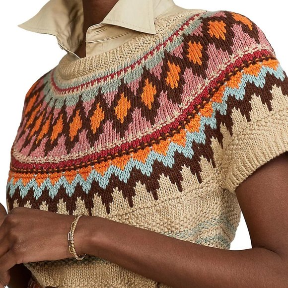 Polo Ralph Lauren Jacquard Short Sleeve Sweater Tan Multi Size XS - Picture 4 of 8